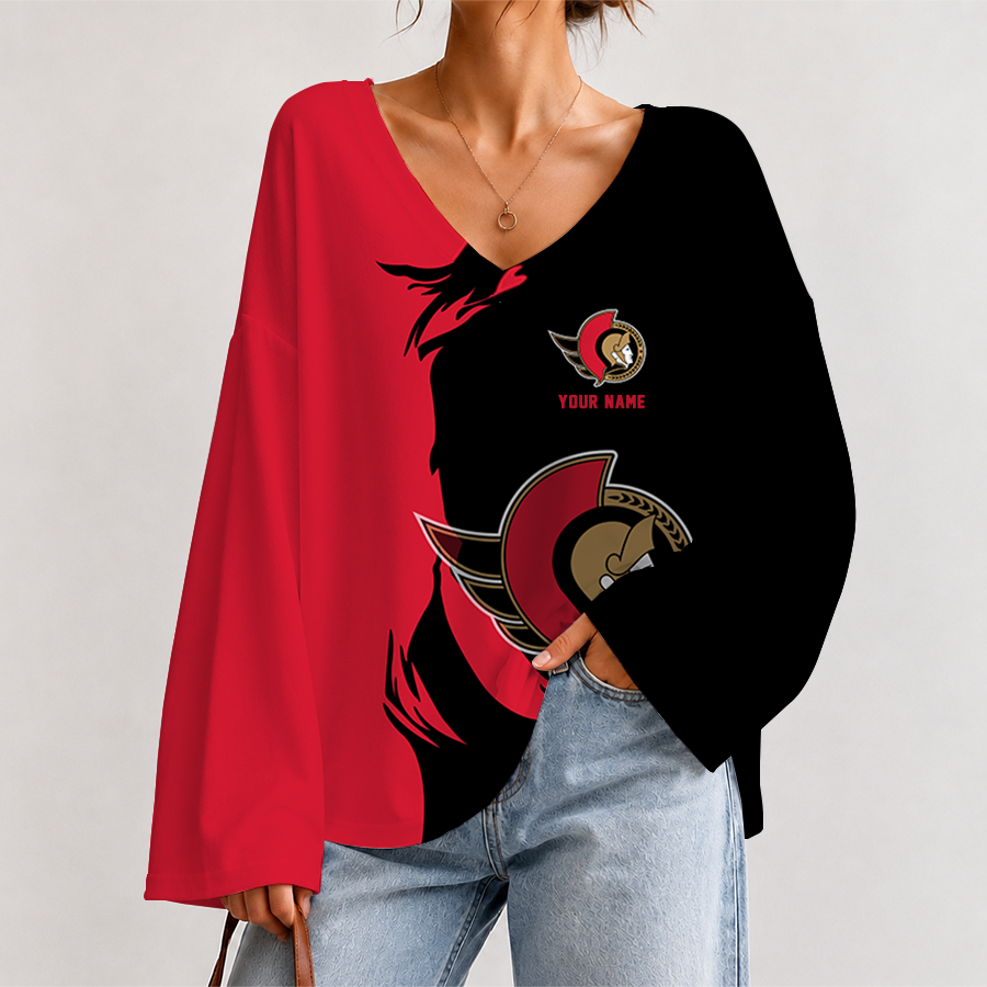 [SUPER SALE] NEW CUSTOMIZED NHL29 OSN OTTAWA SENATORS V-NECK LONG SLEEVED CROP TOP