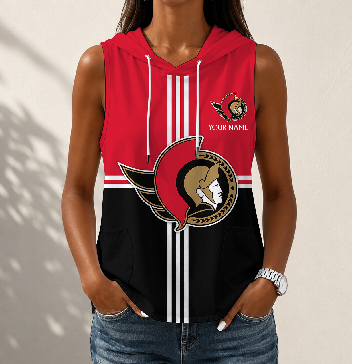 VIRAL EDITION - NEW CUSTOMIZED NHL29 OSN OTTAWA SENATORS WOMEN'S SLEEVELESS HOODED POCKET TANK TOP