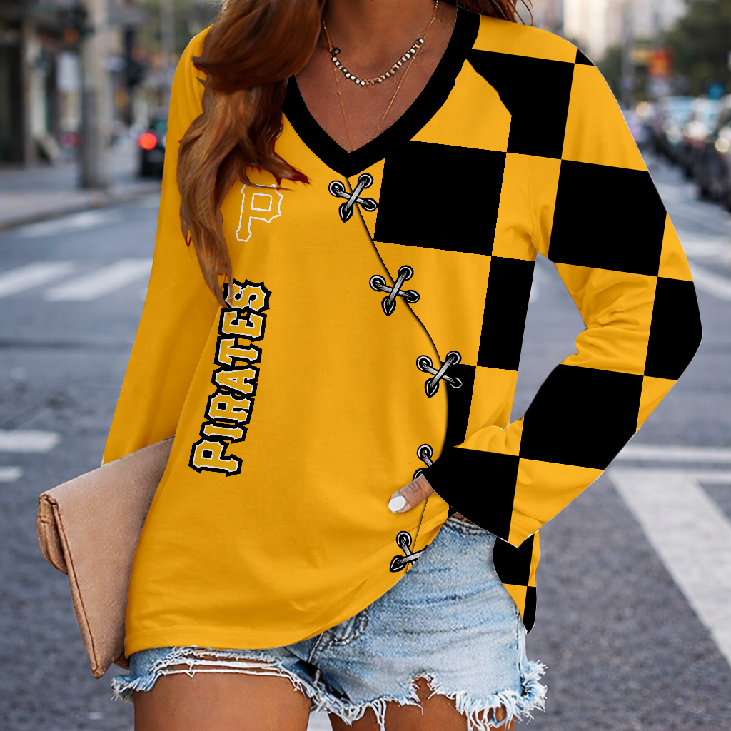 LIMITED EDITION - NEW CUSTOMIZED MLB29 PHP PITTSBURGH PIRATES WOMEN'S V-NECK LONG SLEEVED SHIRT