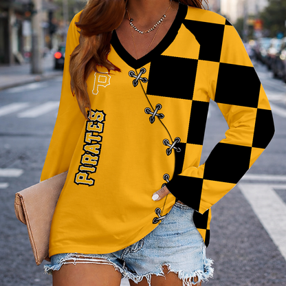 LIMITED EDITION - NEW CUSTOMIZED MLB29 PHP PITTSBURGH PIRATES WOMEN'S V-NECK LONG SLEEVED SHIRT