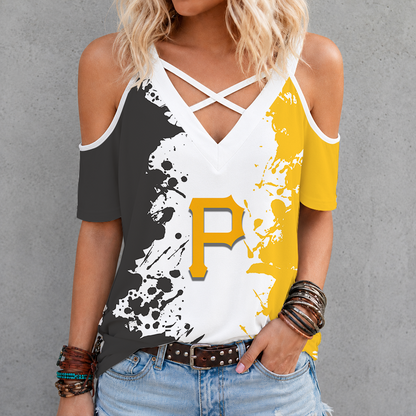 [FLASH SALE] NEW CUSTOMIZED MLB29 PHP PITTSBURGH PIRATES CRISS CROSS V-NECK TOP