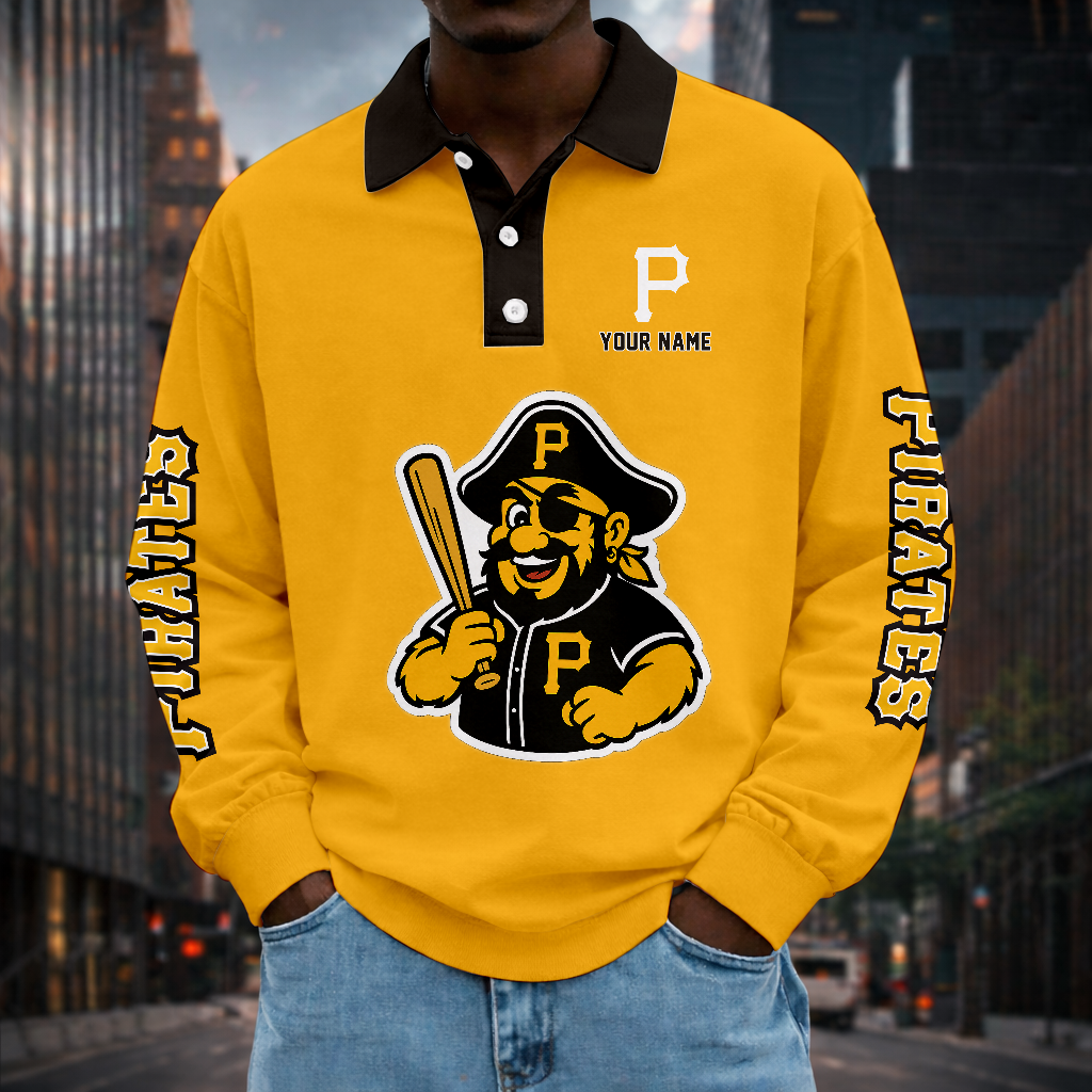 LIMITED EDITION - NEW CUSTOMIZED MLB29 PHP PITTSBURGH PIRATES MEN LONG SLEEVE POLO