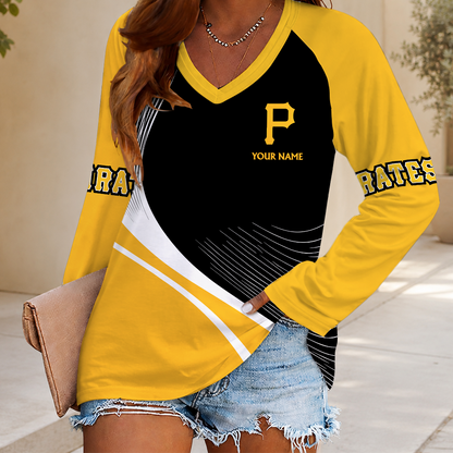 LIMITED EDITION - NEW CUSTOMIZED MLB29 PHP PITTSBURGH PIRATES WOMEN'S V-NECK LONG SLEEVED SHIRT