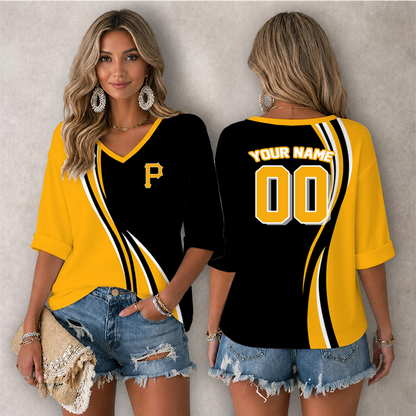 LIMITED EDITION - NEW CUSTOMIZED MLB29 PHP PITTSBURGH PIRATES WOMEN'S HEART V-NECK LONG SLEEVE SHIRT