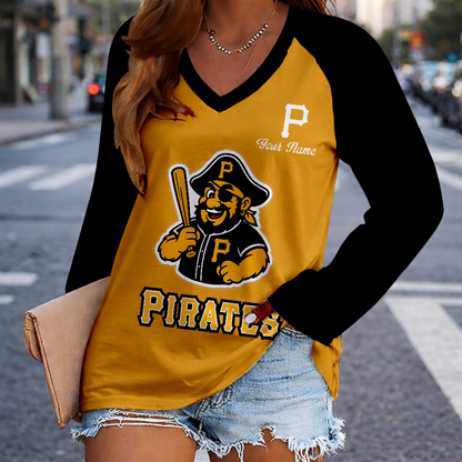 LIMITED EDITION - NEW CUSTOMIZED MLB29 PHP PITTSBURGH PIRATES WOMEN'S V-NECK LONG SLEEVED SHIRT