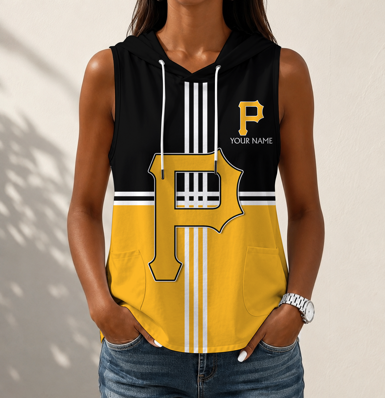 LIMITED EDITION - NEW CUSTOMIZED MLB29 PHP PITTSBURGH PIRATES WOMEN'S SLEEVELESS HOODED POCKET TANK TOP