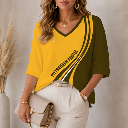 [FLASH SALE] NEW CUSTOMIZED MLB29 PHP PITTSBURGH PIRATES WOMEN'S HEART V-NECK LONG SLEEVE SHIRT