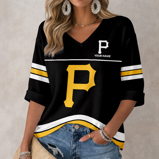 LIMITED EDITION - NEW CUSTOMIZED MLB29 PHP PITTSBURGH PIRATES WOMEN'S HEART V-NECK LONG SLEEVE SHIRT