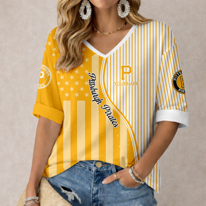 ELITE EDITION - NEW CUSTOMIZED MLB29 PHP PITTSBURGH PIRATES WOMEN'S HEART V-NECK LONG SLEEVE SHIRT