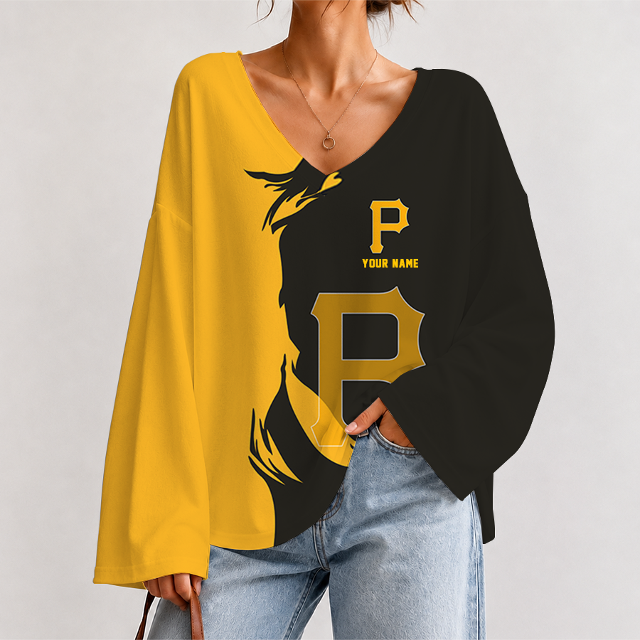 [FLASH SALE] NEW CUSTOMIZED MLB29 PHP PITTSBURGH PIRATES V-NECK LONG SLEEVED CROP TOP