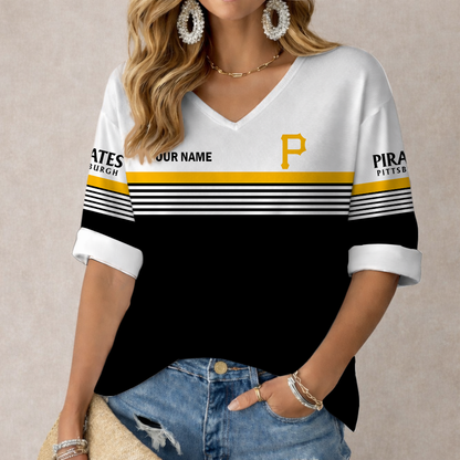 LIMITED EDITION - NEW CUSTOMIZED MLB29 PHP PITTSBURGH PIRATES WOMEN'S HEART V-NECK LONG SLEEVE SHIRT