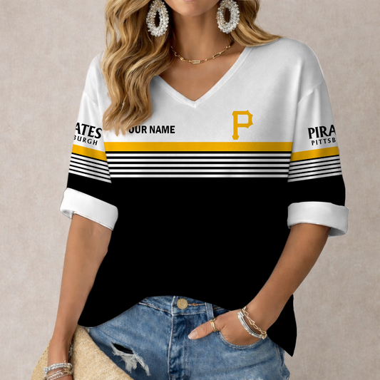 LIMITED EDITION - NEW CUSTOMIZED MLB29 PHP PITTSBURGH PIRATES WOMEN'S HEART V-NECK LONG SLEEVE SHIRT