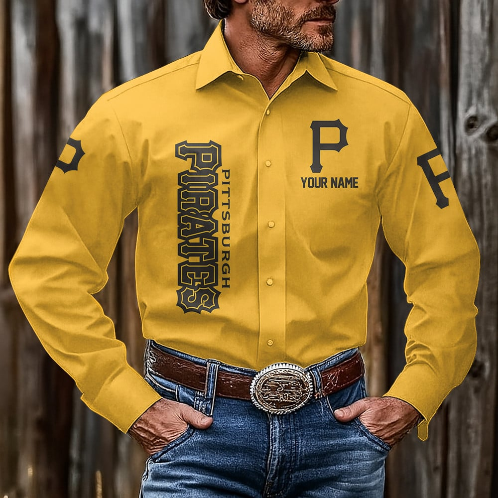 LIMITED EDITION - NEW CUSTOMIZED MLB29 PHP PITTSBURGH PIRATES MEN'S LONG SLEEVE BUTTON-UP SHIRT