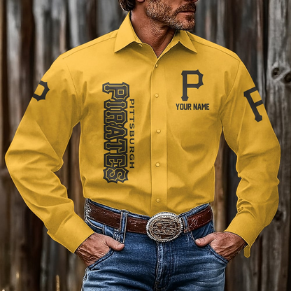 LIMITED EDITION - NEW CUSTOMIZED MLB29 PHP PITTSBURGH PIRATES MEN'S LONG SLEEVE BUTTON-UP SHIRT
