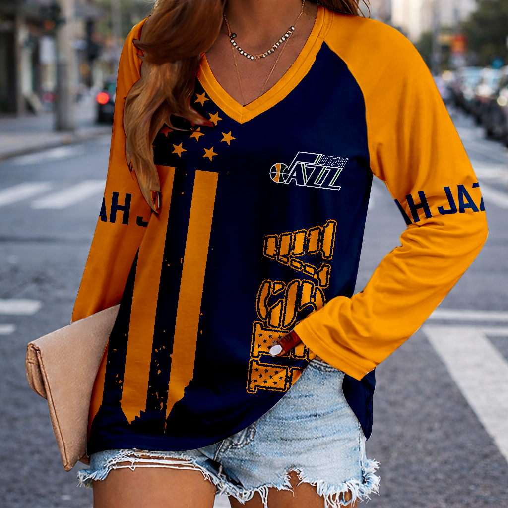 LIMITED EDITION - NEW CUSTOMIZED NBA29 UJZ UTAH JAZZ WOMEN'S V-NECK LONG SLEEVED SHIRT