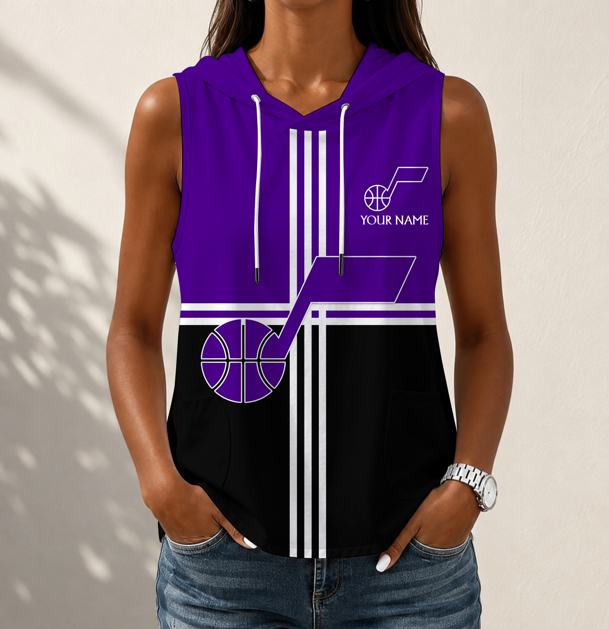 LIMITED EDITION - NEW CUSTOMIZED NBA29 UJZ UTAH JAZZ WOMEN'S SLEEVELESS HOODED POCKET TANK TOP