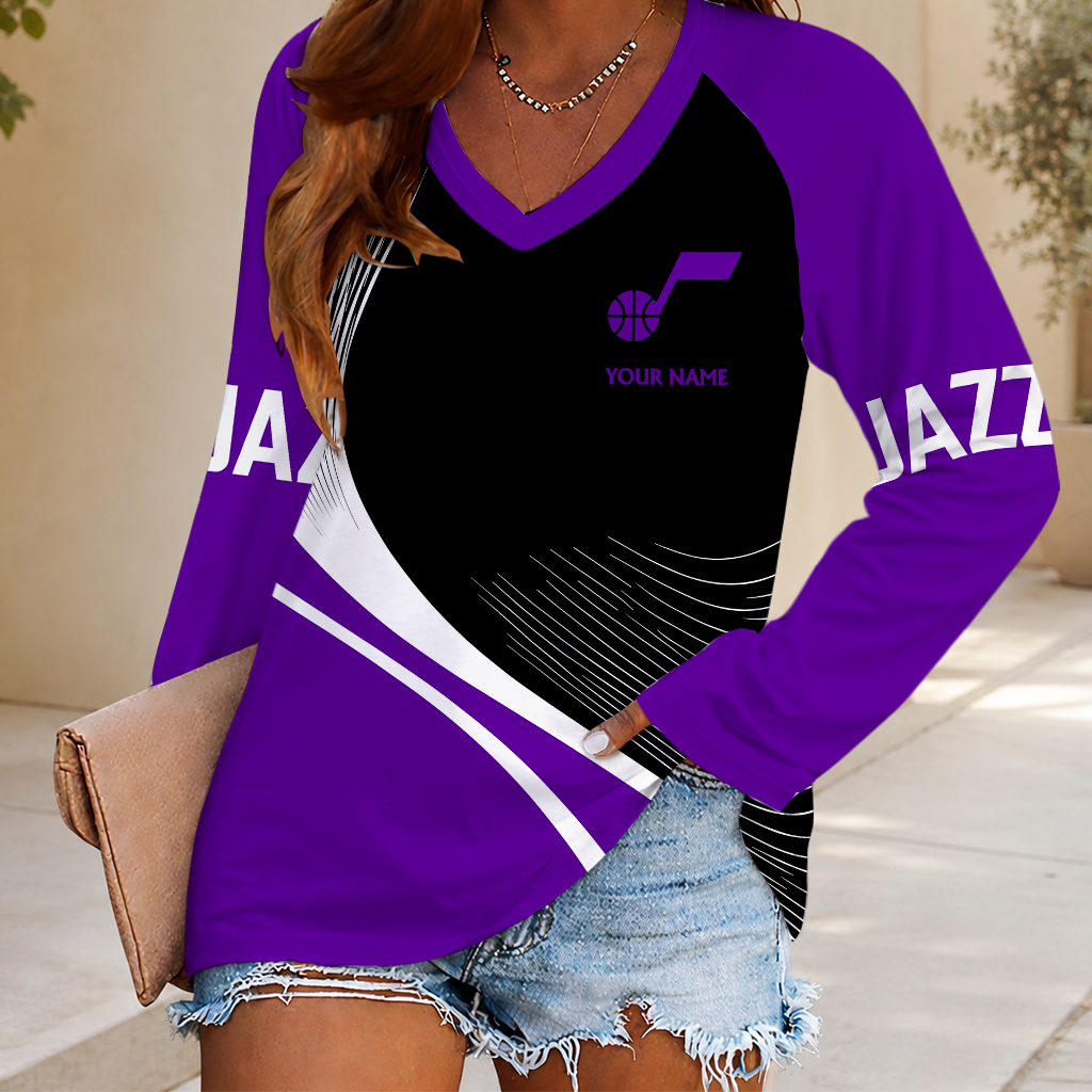LIMITED EDITION - NEW CUSTOMIZED NBA29 UJZ UTAH JAZZ WOMEN'S V-NECK LONG SLEEVED SHIRT