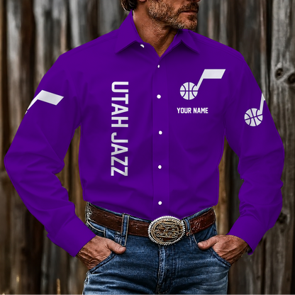 LIMITED EDITION - NEW CUSTOMIZED NBA29 UJZ UTAH JAZZ MEN'S LONG SLEEVE BUTTON-UP SHIRT