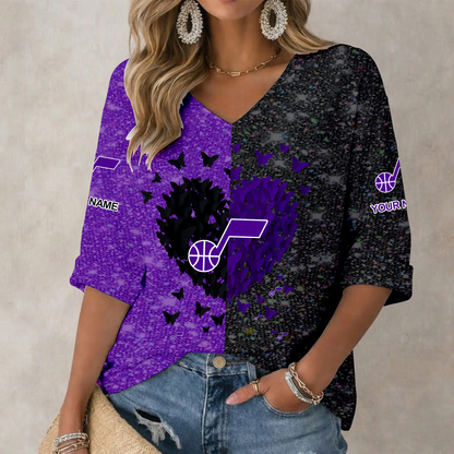 LIMITED EDITION - NEW CUSTOMIZED NBA29 UJZ UTAH JAZZ WOMEN'S HEART V-NECK LONG SLEEVE SHIRT