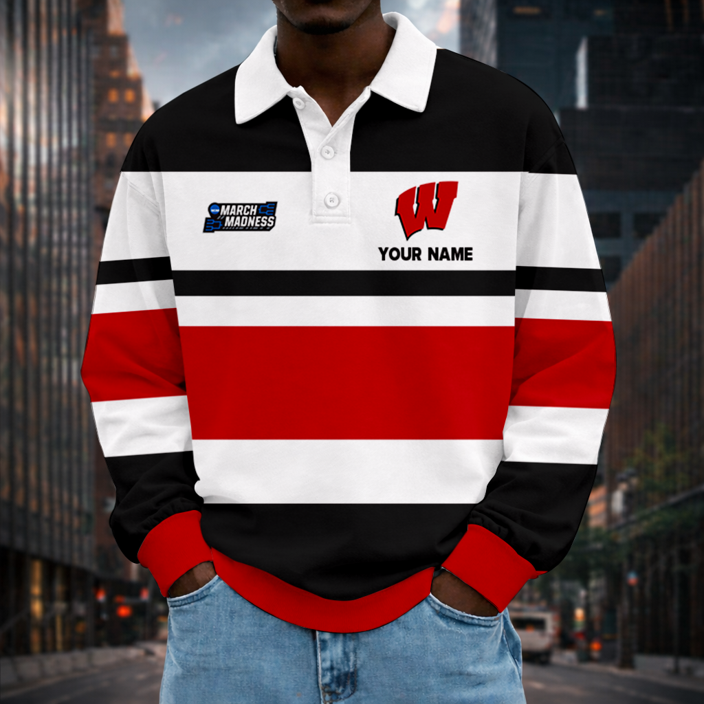 LIMITED EDITION - NEW CUSTOMIZED NCAA MAM29 WSB WISCONSIN BADGERS UNISEX LONG SLEEVE POLO