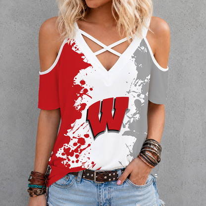 [FAN FAVORITE] NEW CUSTOMIZED NCAA MAM29 WSB WISCONSIN BADGERS CRISS CROSS V-NECK TOP