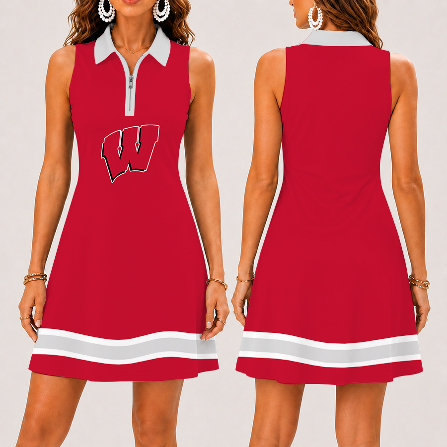 [FAN FAVORITE] NEW CUSTOMIZED NCAA MAM29 WSB WISCONSIN BADGERS STRAPPY WOMEN'S ZIP SLEEVELESS POLO DRESS