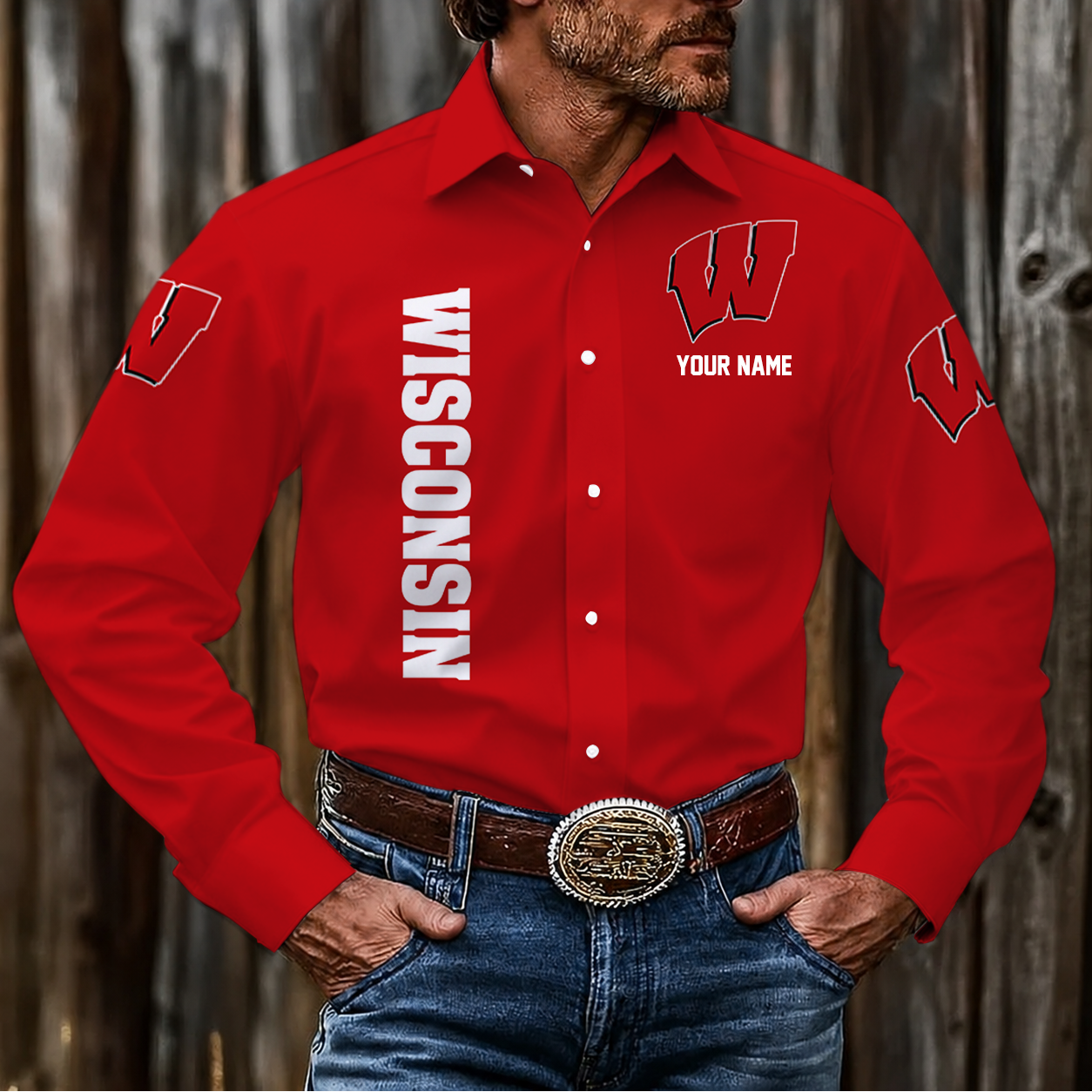 EXCLUSIVE EDITION - NEW CUSTOMIZED NCAA MAM29 WSB WISCONSIN BADGERS MEN'S LONG SLEEVE BUTTON-UP SHIRT