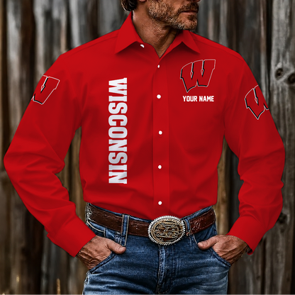 EXCLUSIVE EDITION - NEW CUSTOMIZED NCAA MAM29 WSB WISCONSIN BADGERS MEN'S LONG SLEEVE BUTTON-UP SHIRT