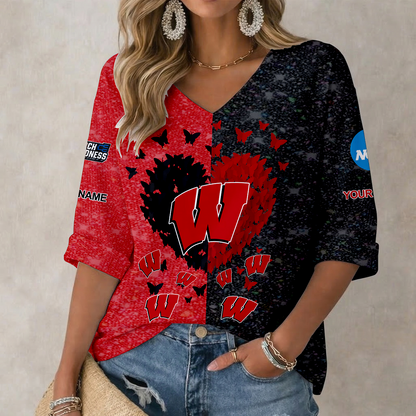 LIMITED EDITION - NEW CUSTOMIZED NCAA MAM29 WSB WISCONSIN BADGERS WOMEN'S HEART V-NECK LONG SLEEVE SHIRT