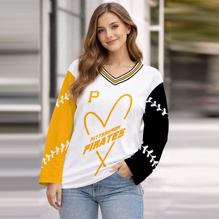LIMITED EDITION - NEW CUSTOMIZED MLB29 PHP PITTSBURGH PIRATES WOMEN'S HEART V-NECK LONG SLEEVE SHIRT