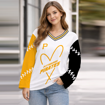 LIMITED EDITION - NEW CUSTOMIZED MLB29 PHP PITTSBURGH PIRATES WOMEN'S HEART V-NECK LONG SLEEVE SHIRT
