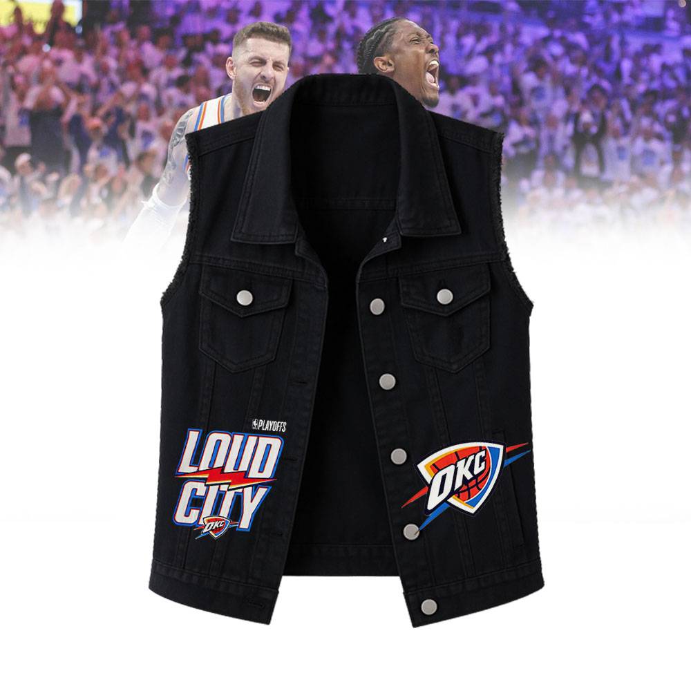 LIMITED EDITION - NEW CUSTOMIZED NBA01 OC OKLAHOMA CITY THUNDER SLEEVELESS DENIM JACKET