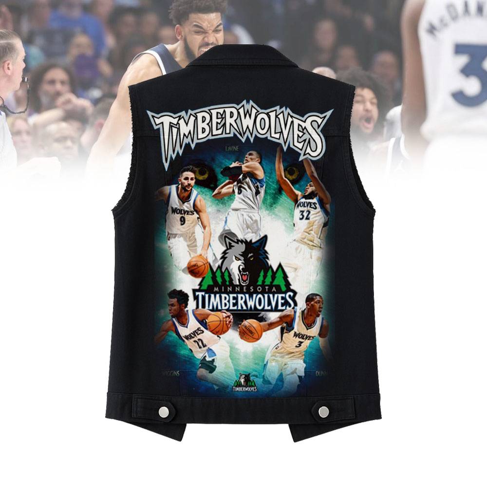 LIMITED EDITION - NEW CUSTOMIZED NBA05 MT MINNESOTA TIMBERWOLVES SLEEVELESS DENIM JACKET