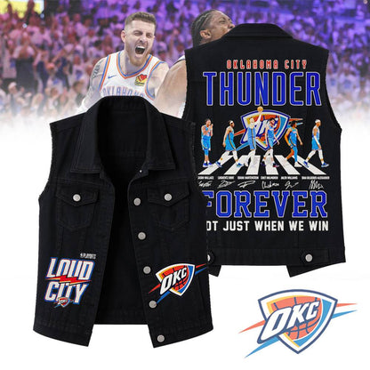 LIMITED EDITION - NEW CUSTOMIZED NBA01 OC OKLAHOMA CITY THUNDER SLEEVELESS DENIM JACKET