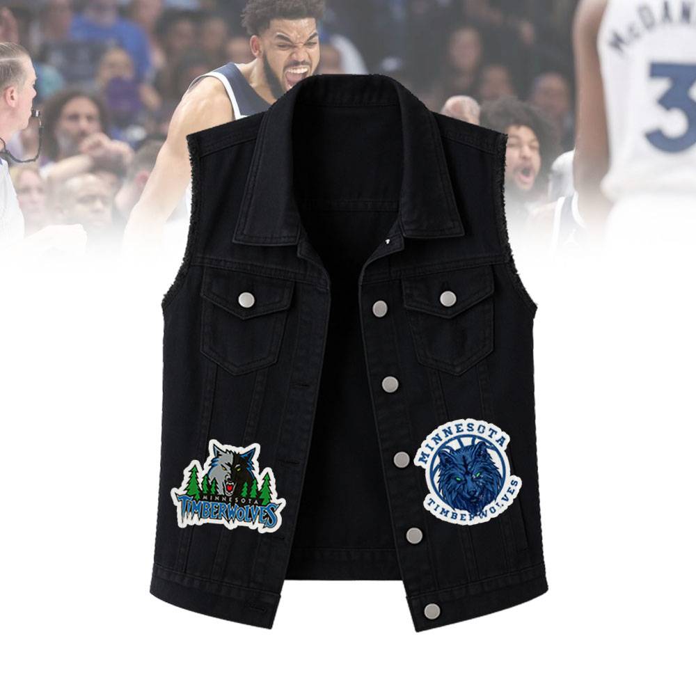 LIMITED EDITION - NEW CUSTOMIZED NBA05 MT MINNESOTA TIMBERWOLVES SLEEVELESS DENIM JACKET