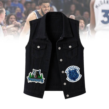 LIMITED EDITION - NEW CUSTOMIZED NBA05 MT MINNESOTA TIMBERWOLVES SLEEVELESS DENIM JACKET