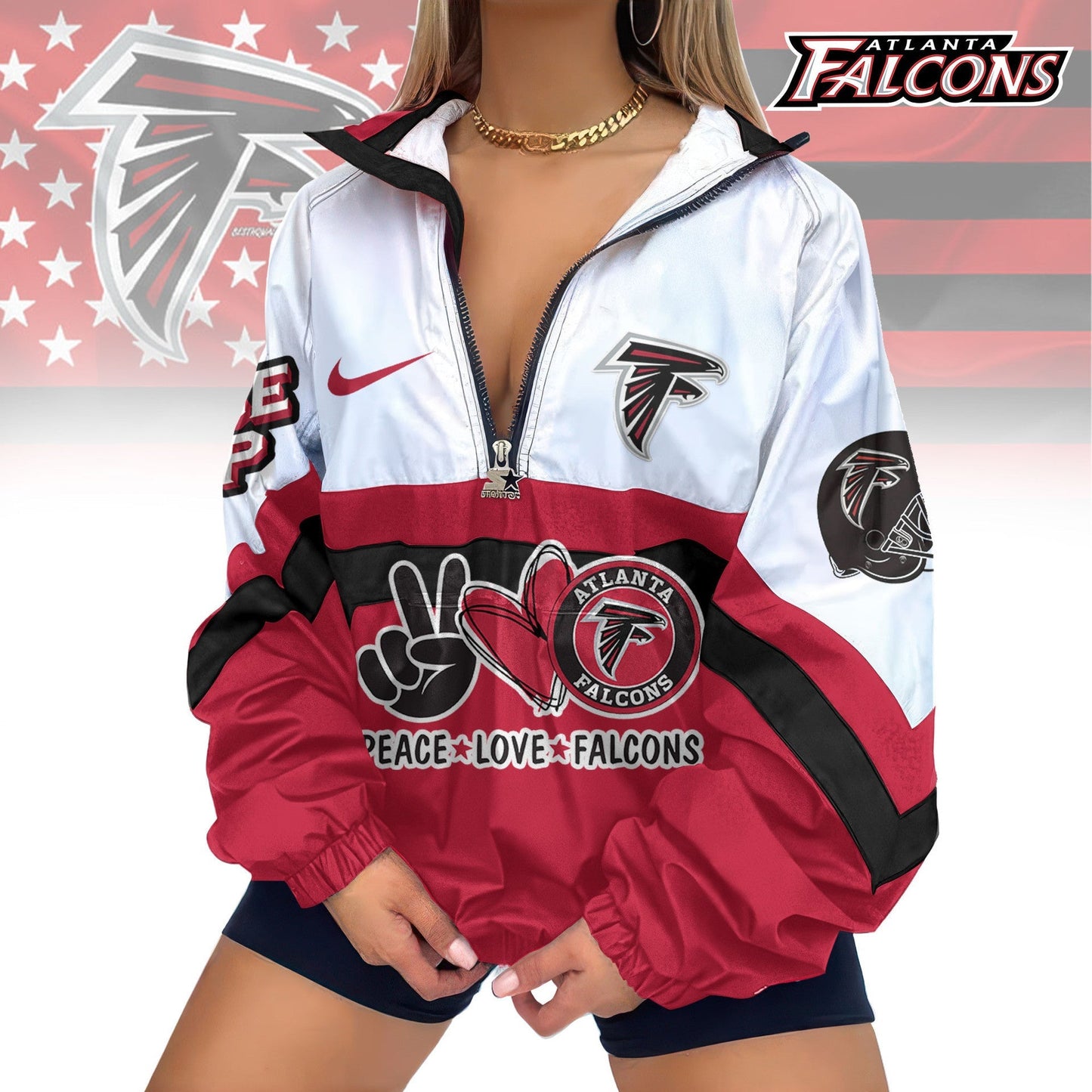 LIMITED EDITION - NEW CUSTOMIZED NFL18 ATF ATLANTA FALCONS V-NECK ZIPPER SWEATSHIRT JACKET