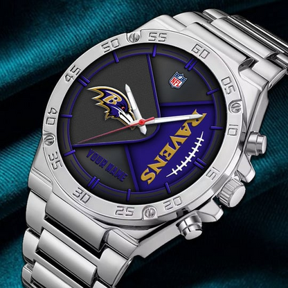 LIMITED EDITION - NEW CUSTOMIZED NFL28 BTR BALTIMORE RAVENS LUXURY STAINLESS STEEL WATCH