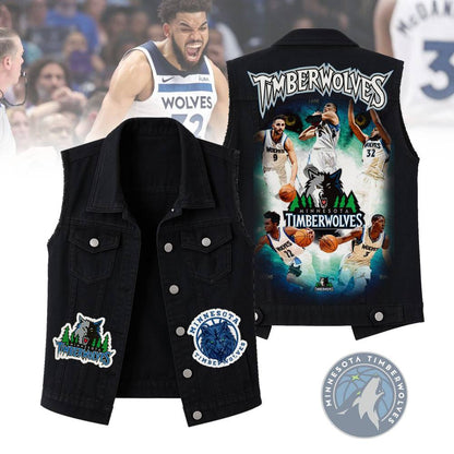 LIMITED EDITION - NEW CUSTOMIZED NBA05 MT MINNESOTA TIMBERWOLVES SLEEVELESS DENIM JACKET