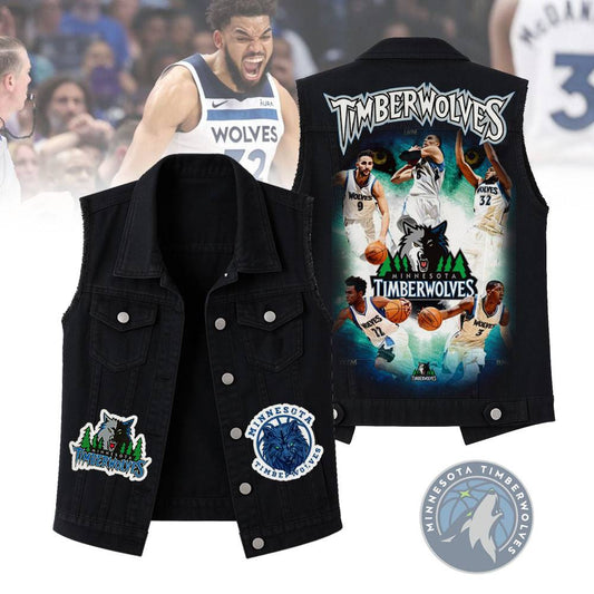 LIMITED EDITION - NEW CUSTOMIZED NBA05 MT MINNESOTA TIMBERWOLVES SLEEVELESS DENIM JACKET