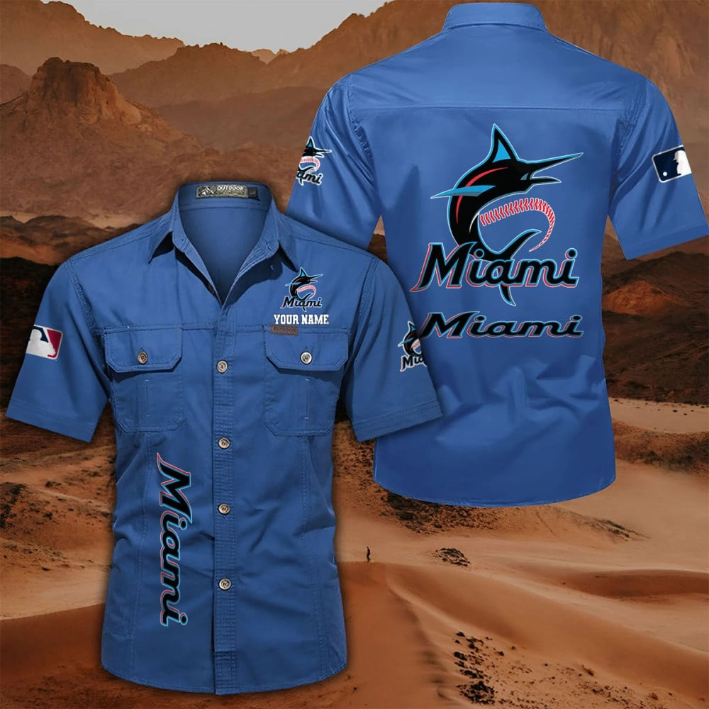 LIMITED EDITION - NEW CUSTOMIZED MLB20 MMS MIAMI MARLINS MEN'S CARGO SHIRT