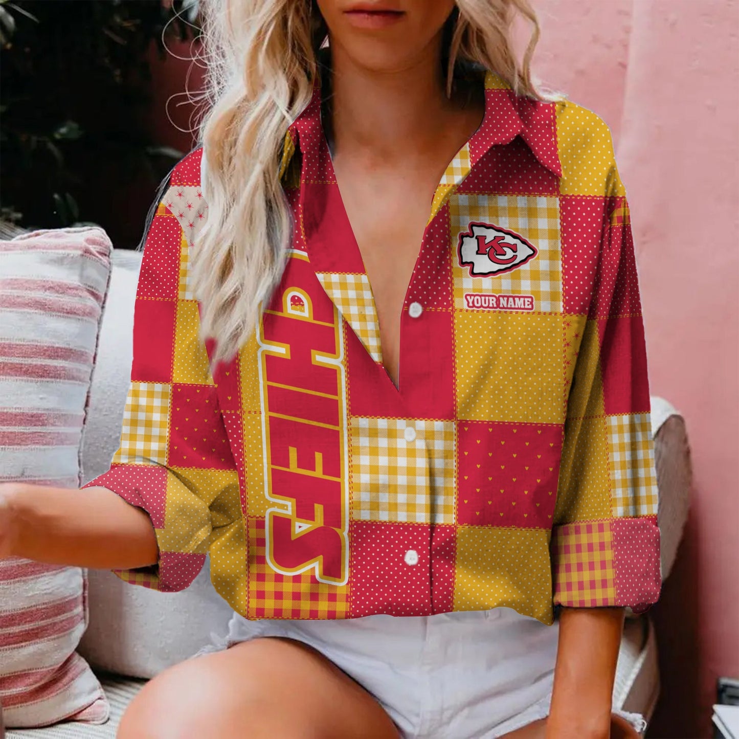 LIMITED EDITION - NEW CUSTOMIZED NFL01 KCC KANSAS CITY CHIEFS WOMEN CASUAL SHIRT FOR FAN