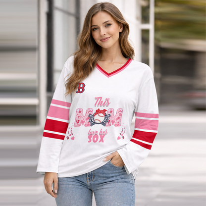 LIMITED EDITION - NEW CUSTOMIZED MLB03 BRS BOSTON RED SOX WOMEN'S HEART V-NECK LONG SLEEVE SHIRT