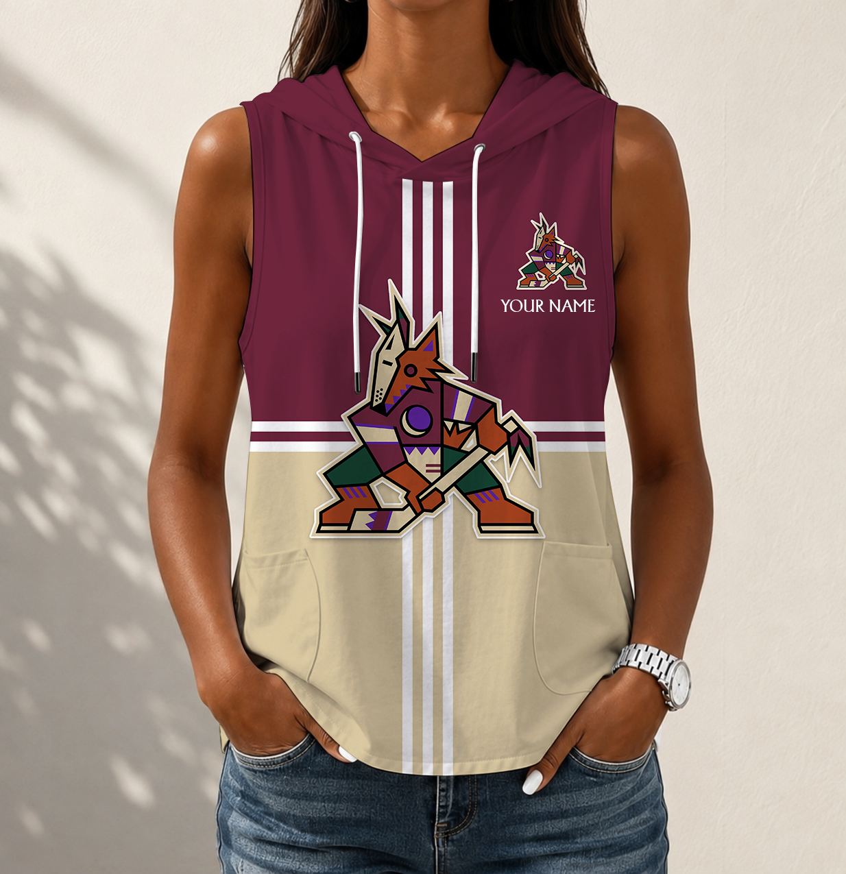 VIRAL EDITION - NEW CUSTOMIZED NHL30 AZC ARIZONA COYOTES WOMEN'S SLEEVELESS HOODED POCKET TANK TOP