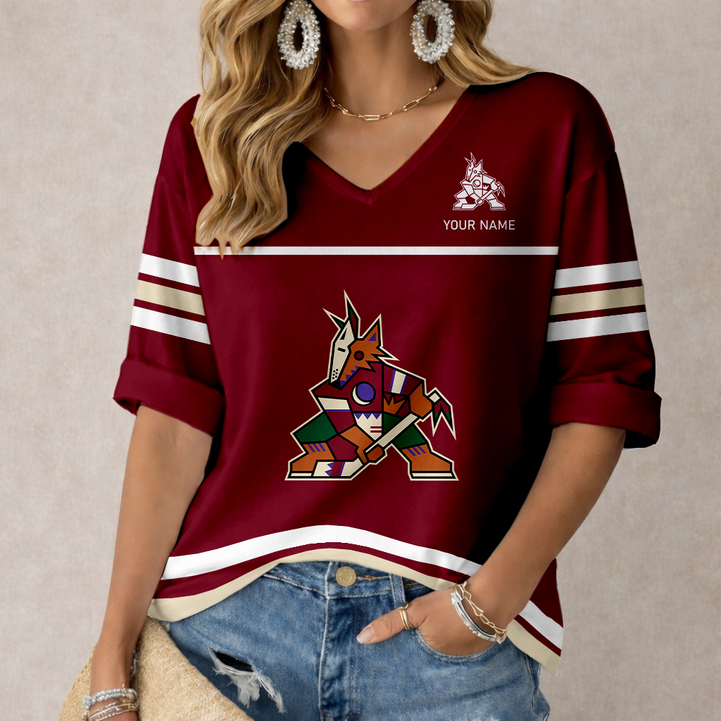 LIMITED EDITION - NEW CUSTOMIZED NHL30 AZC ARIZONA COYOTES WOMEN'S HEART V-NECK LONG SLEEVE SHIRT