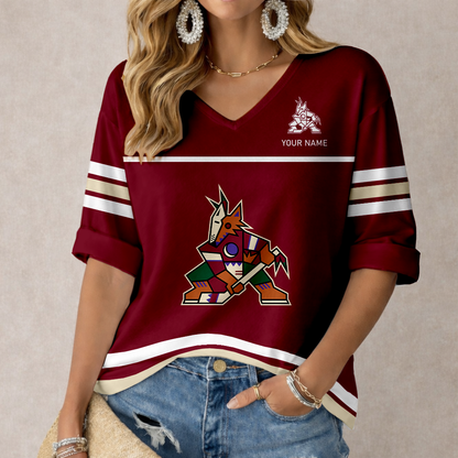 LIMITED EDITION - NEW CUSTOMIZED NHL30 AZC ARIZONA COYOTES WOMEN'S HEART V-NECK LONG SLEEVE SHIRT
