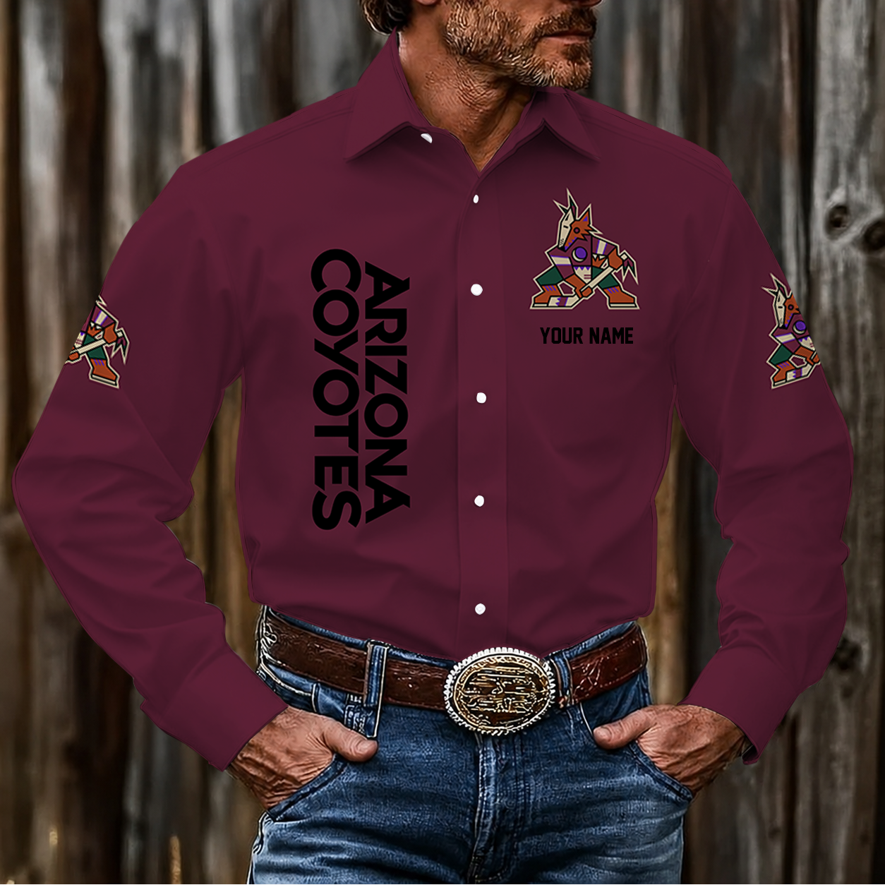 LIMITED EDITION - NEW CUSTOMIZED NHL30 AZC ARIZONA COYOTES MEN'S LONG SLEEVE BUTTON-UP SHIRT