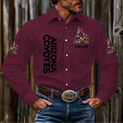 LIMITED EDITION - NEW CUSTOMIZED NHL30 AZC ARIZONA COYOTES MEN'S LONG SLEEVE BUTTON-UP SHIRT