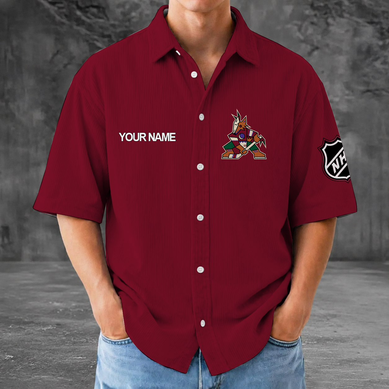 [SUPER SALE] NEW CUSTOMIZED NHL30 AZC ARIZONA COYOTES SEERSUCKER BUTTON SHIRT