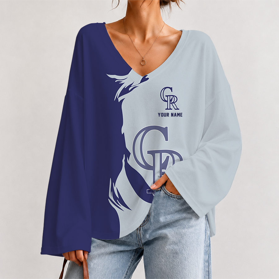 [FLASH SALE] NEW CUSTOMIZED MLB30 COR COLORADO ROCKIES V-NECK LONG SLEEVED CROP TOP
